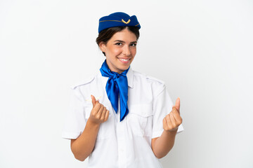 Airplane stewardess caucasian woman isolated on white background making money gesture