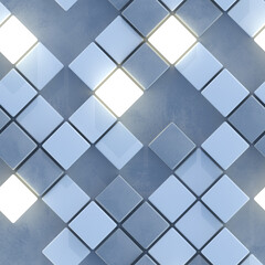 Blue seamless pattern of concrete and illuminating cubes 3D render