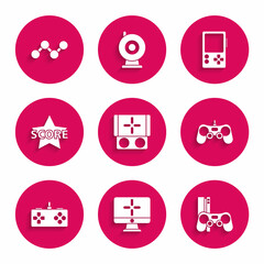 Set Portable video game console, Computer monitor, Game with joystick, Gamepad, Star, and Share icon. Vector