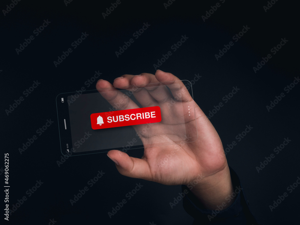 Poster subscription concept. big red subscribe button with bell icon on the screen of futuristic transparen
