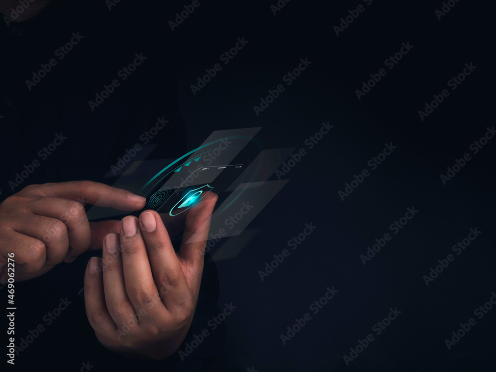 Poster security data technology and personal privacy on future phone with fingerprint scan concept. shield 