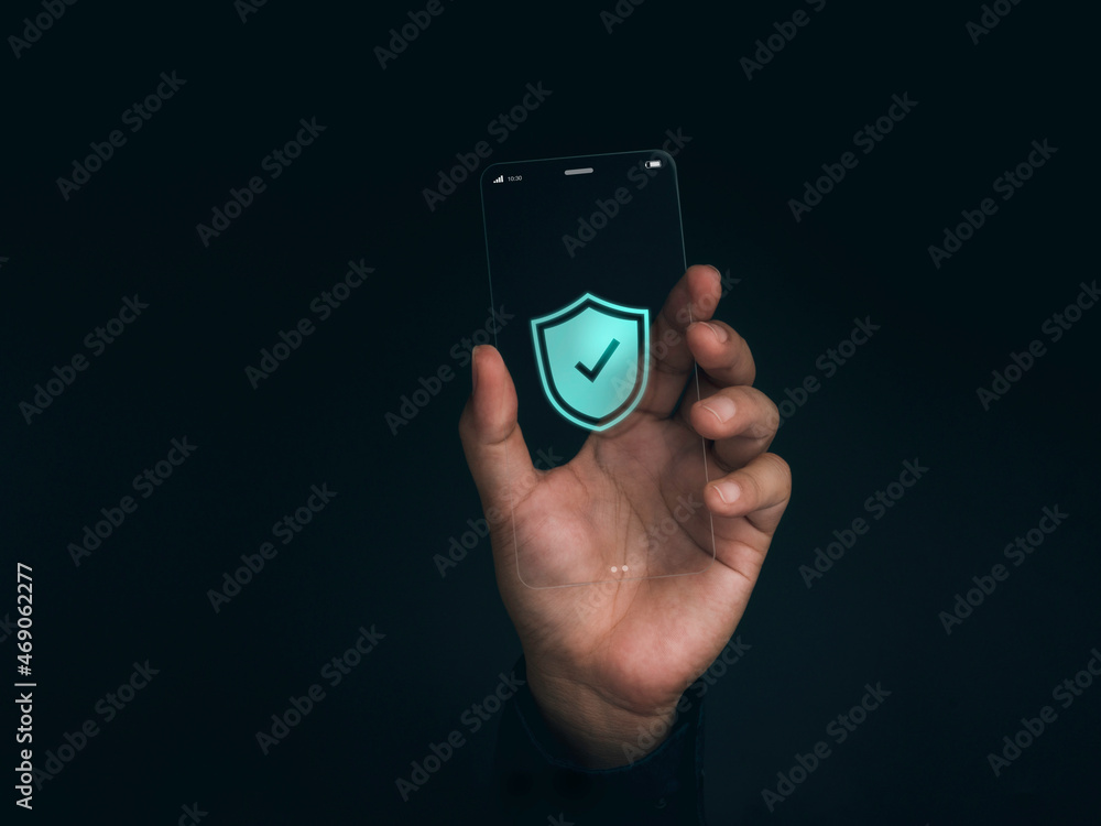 Aufkleber security data technology and personal privacy on future phone concept. shield with checkmark icon on