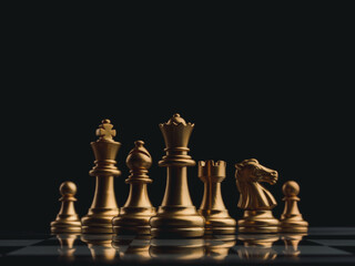 The set of golden chess pieces element, king, queen rook, bishop, knight, pawn standing on...