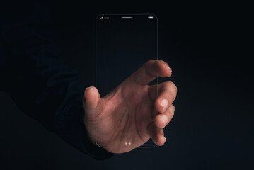 Futuristic transparent glass phone Technology. Super slim transparent future smartphone with...