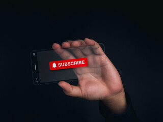 Subscription concept. Big red subscribe button with bell icon on the screen of futuristic...