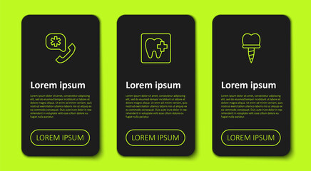 Set line Emergency call 911, Dental clinic location and implant. Business infographic template. Vector