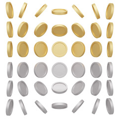 3D Rendering concept of golden and silver coins. Set of spinning gold silver coins in many views rotate in different angles isolated on white background. 3D Render. 3d illustration.