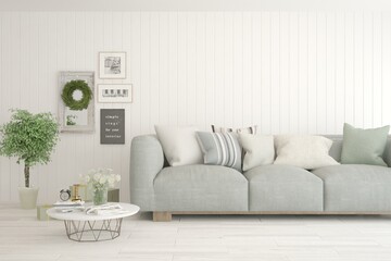 White living room with sofa. Scandinavian interior design. 3D illustration