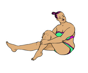 Girl plus size sitting in turquoise bikini, side view, hand drawn doodle, drawing, sketch illustration