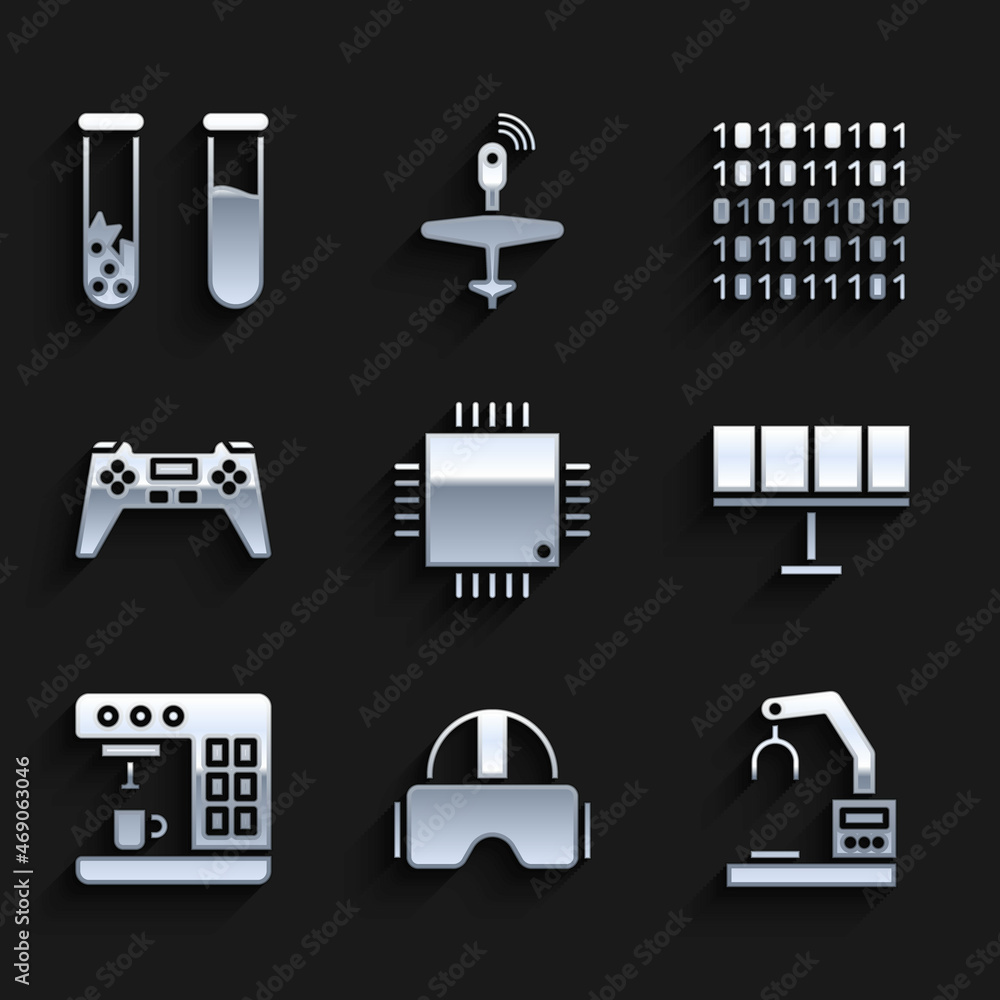 Poster set processor with microcircuits cpu, virtual reality glasses, robotic robot arm hand factory, solar