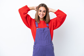 Young caucasian woman isolated on white background laughing