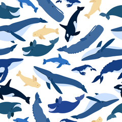 Seamless pattern of whales. Beluga, killer whale, humpback whale, cachalot, blue whale, dolphin, bowhead, southern right whale, sperm hale. Underwater world, Marine. Vector illustration of a whales
