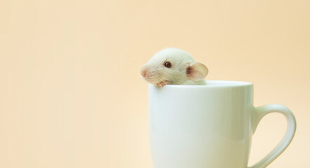 Cute white mouse in a cup, wallpaper with copy space
