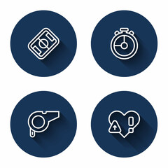 Set line Football field, Stopwatch, Whistle and Heart rate with long shadow. Blue circle button. Vector