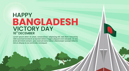 Bangladesh victory day background with a national monument and waving flag on a pole