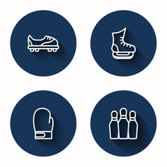 Set line Football shoes, Skates, Boxing glove and Bowling pin with long shadow. Blue circle button. Vector