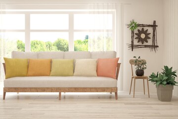 Minimalist living room in white color with sofa and summer landscape in window. Scandinavian interior design. 3D illustration