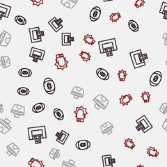 Set line American Football ball, Basketball backboard, Stadium and Punch in boxing gloves on seamless pattern. Vector
