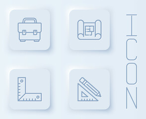 Fototapeta premium Set line Toolbox, House plan, Corner ruler and Triangular and pencil. White square button. Vector