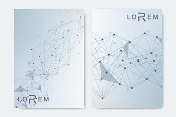 Scientific brochure design template. Vector flyer layout, Molecular structure with connected lines and dots. Scientific pattern atom DNA with elements for magazine, leaflet, cover, poster design.