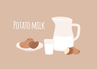 Potato milk. Jug and glass with drink, potato slice, vegetables on plate. Lactose free, plant-based beverage. Vector illustration with text and vegetarian food.