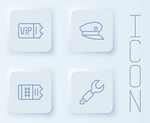 Fototapeta premium Set line Train ticket, driver hat, and Wrench spanner. White square button. Vector