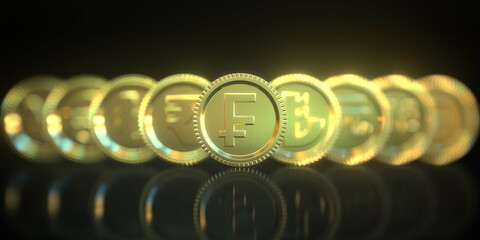 Swiss franc and other currency symbols on golden coins on black background. Forex related conceptual 3D rendering