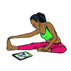Young afro american girl doing stretching exercise with fitness studio exercise videos on tab, hand drawn doodle, drawing, sketch illustration