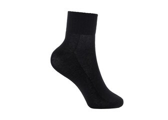 Black color socks isolated on white background. One pair of socks. Set of black socks for sports on foot as mock up for advertising, branding, design mockup, isolated, clipping path.