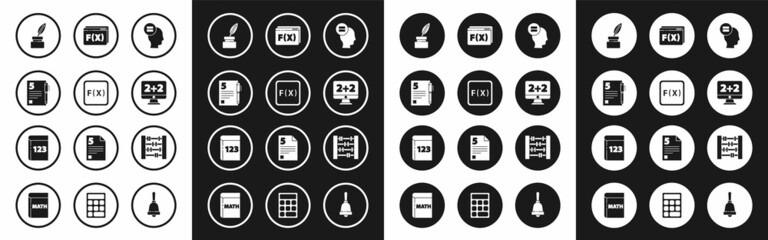 Set Calculation, Function mathematical symbol, Test or exam sheet and pen, Feather inkwell, Equation solution, Abacus and Book with word mathematics icon. Vector