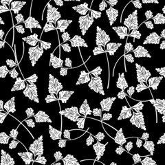 Seamless pattern with white silhouettes leaves arranged chaotically on black background.Botanical leaves texture.Vintage print with foliage.Vector fashionable template.