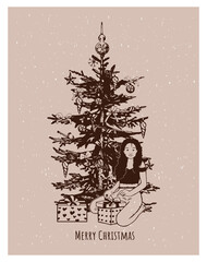 christmas card vector sketch. black girl sits under the christmas tree. african american woman sits on her knees. black girl opens a gift drawing. vector illustration. hand drawing. eps