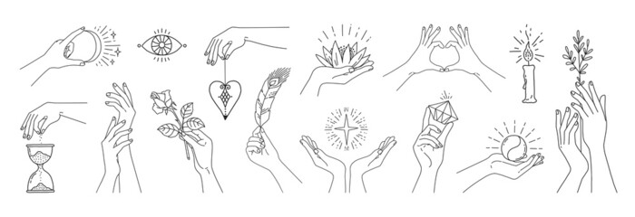 Fototapeta na wymiar Abstract woman hands. Magic meditation female arm symbols with plants and linear emblems. Girls limbs holding lotus or rose flowers. Mystic signs. Body parts positions. Vector line set