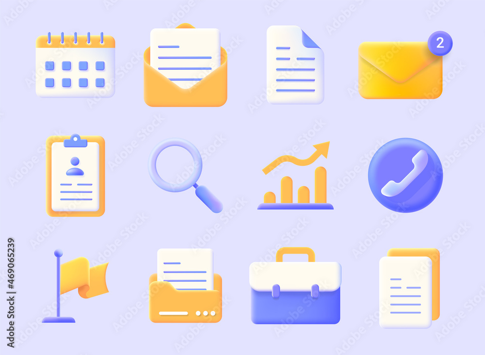 Aufkleber Realistic business icons. 3D calendar document form. Contact papers. Mail message. Envelope or call plastic signs. Isolated magnifier and folders. Computer interface vector elements set