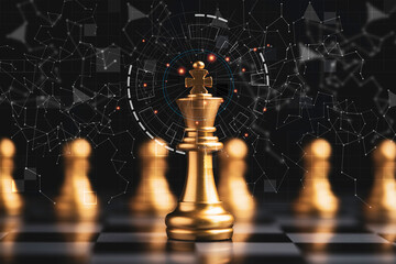 Golden king chess encounter with gold chess enemy on dark background and connection line for...