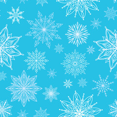 Snowflakes seamless pattern. Winter holidays celebration print for gift, wrapping paper and greeting cards. Frozen snowflakes texture, vector white elements on blue background