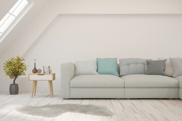 Fototapeta premium White living room with sofa. Scandinavian interior design. 3D illustration