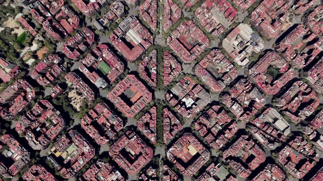 Aerial top down view of streets of Barcelona Spain and typical apartment buildings in the city center of capital and largest town of the autonomous community of Catalonia 4k high resolution animation