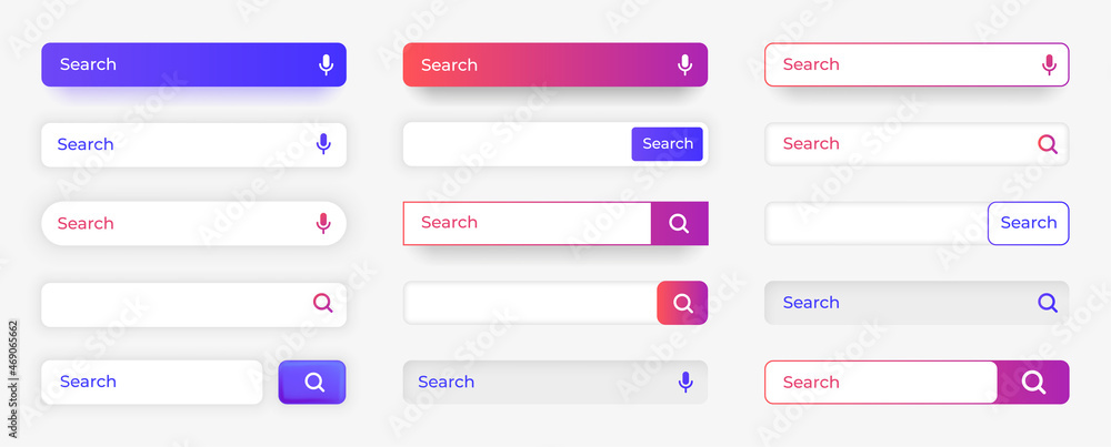 Poster Web search. Website finding field box with cursor and interface button. Blank frame graphic UI. Magnifier or microphone icons. Empty digital borders. Vector navigation page element set