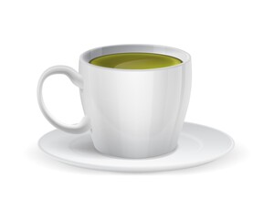 Realistic white ceramic cup with matcha. Green tea. Natural healthy drink. Japanese beverage. Side view of porcelain mug with saucer. Tableware isolated template. Vector cafe menu mockup