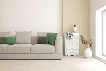 White living room with sofa. Scandinavian interior design. 3D illustration