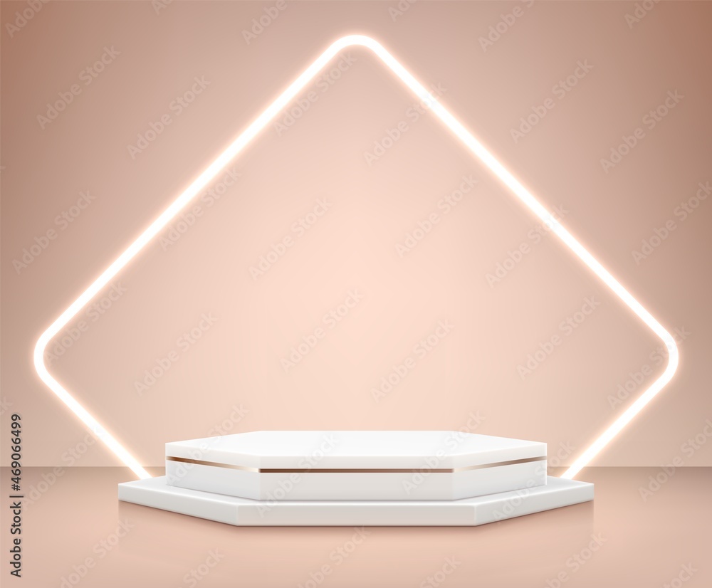 Poster Realistic platform backdrop. Presentation background with empty geometric podium for product advertising. Minimal abstract exhibition stand with glowing frame. Vector 3D blank showcase
