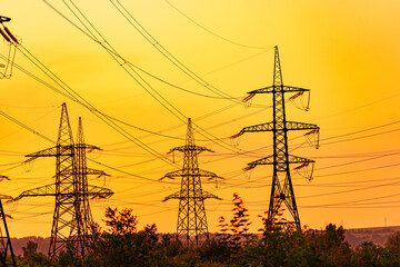 Fototapeta premium A number of high-voltage supports in the yellow sky. Supports, wires and trees at the yellow skyline.