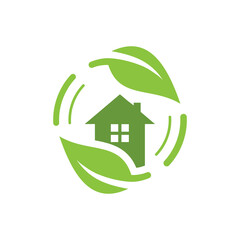 Green house with leaves vector logo icon. Eco friendly home symbol.