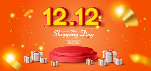 12.12 sale product banner, podium platform with geometric shapes, 
sale promotion with a discount offer on a special occasion, give voucher, poster or background.