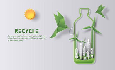 A bottle of water with a green city and a pair of paper birds, the idea is to recycle old plastic bottles, think green, paper illustration, and 3d paper. - obrazy, fototapety, plakaty