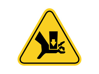 isolated watch out crush hand, common hazards symbols on yellow round triangle board warning sign for icon, label, logo or package industry etc. flat style vector design. 