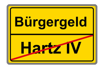 Obraz premium Gelbes Schild Bürgergeld und Hartz IV auf weissem Hintergrund