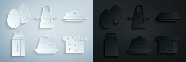 Set Pudding custard, Homemade pie, Paper package for milk, Bread toast, Kitchen apron and Easter eggs icon. Vector