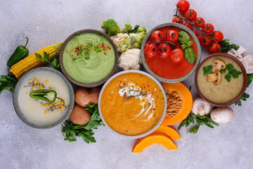 Fototapeta na wymiar Assortment of vegetable autumn cream soups.